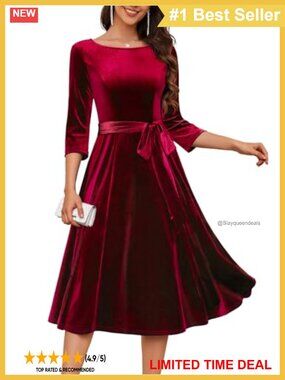 Velvet Cocktail Dress 3/4 Sleeve A-Line Wedding Guest Fall Winter Midi